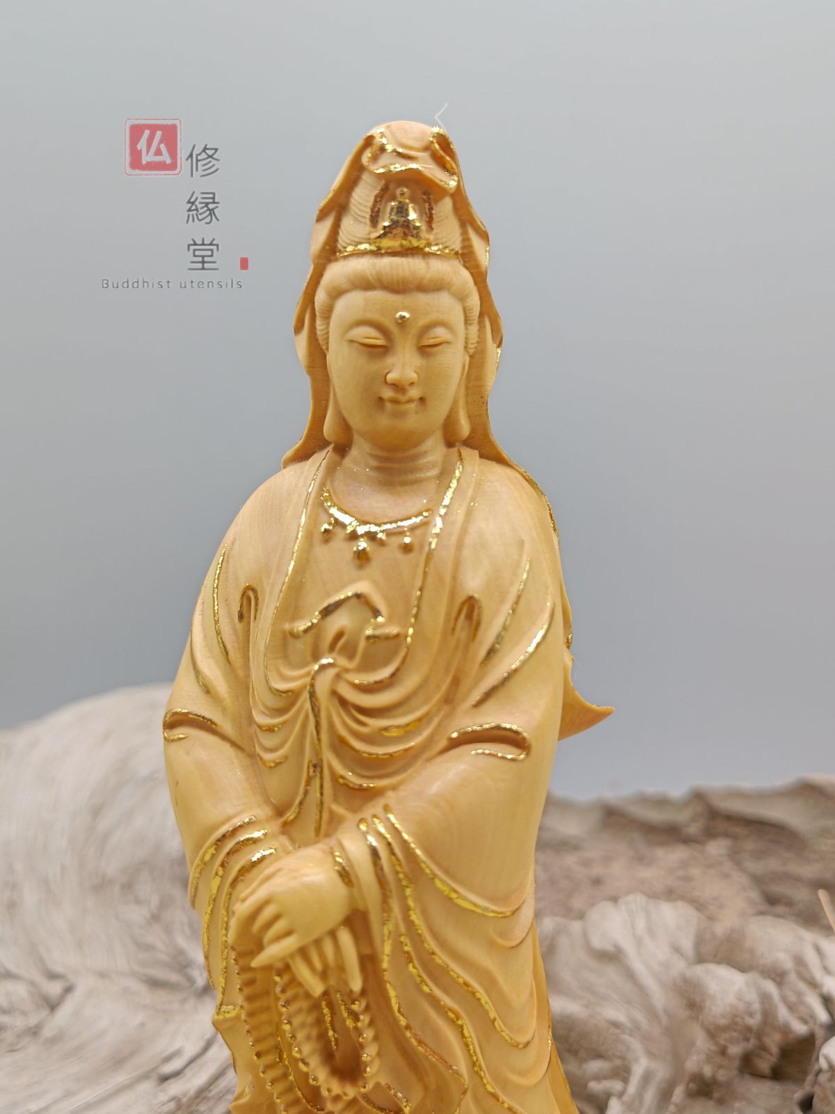 修縁堂】最高級 木彫り 仏像 持珠観音菩薩立像 本金 切金 彫刻 柘植材 