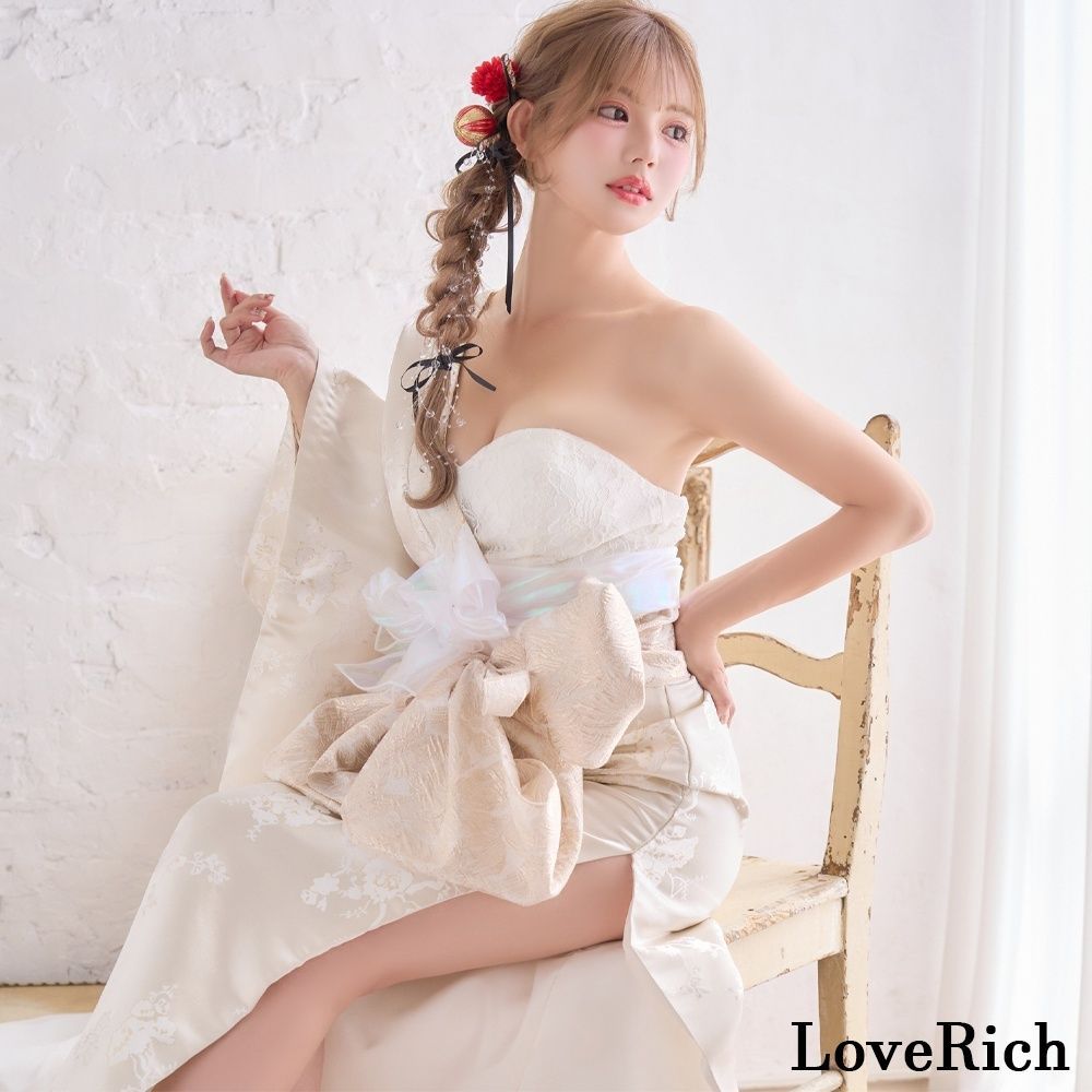 LoveRich ラブリッチ ライン 2 2点セット ワンショル アシンメトリー 花柄 スリット 豪華 帯 花魁 着物 ドレス コスプレ キャバドレス 1522 WWW_TRAVELLANDINDIA_COM