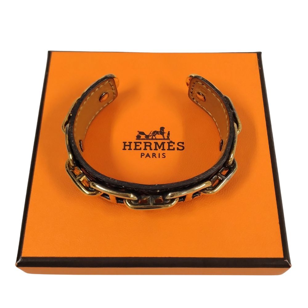 HERMES エルメス シェーヌダンクル クロコ レザー バングル ブレスレット ゴールド/ブラウン フリー 正規品 / 35101