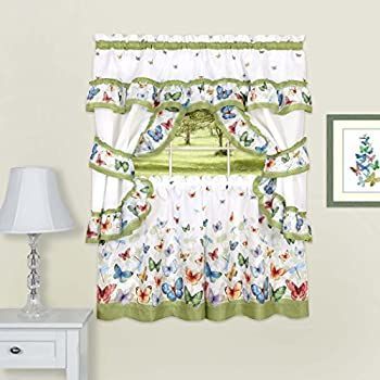 Achim Home Furnishings蝶プリントコテージウィンドウカーテンセット、57インチx 36インチ、グリーン