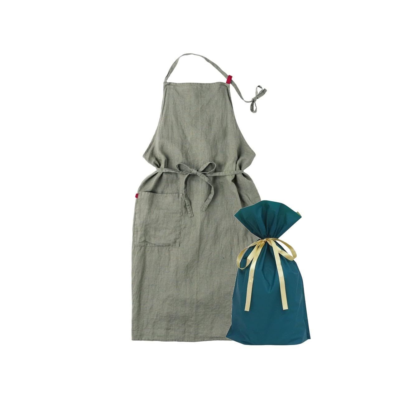 Color エルムグリーン セット品 2点セット Lino e Lina リーノエリーナ エプロン フルエプロン リネン マノン Manon エルムグリーン A281 リボン付きギフトバッグ