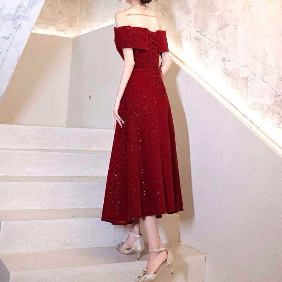 リボンのデザインのオフショル ラメ入りイブニングドレス?.? - メルカリ