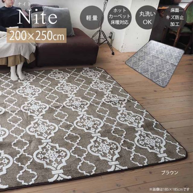 Nite ナイト  ラグ[sn]Lサイズ(約3畳):200×250cmカーペット 3畳 軽量 洗える 床暖房対応 ホットカーペットカバー ホットカーペット対応 ジャガード調 北欧調 グレー ブラウン 柄 スミノエ 床暖房対