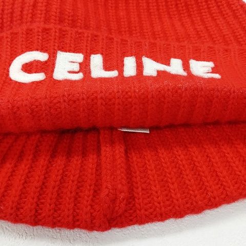 セリーヌ CELINE ウール ロゴ ビーニー ニット帽 TU 赤 レッド 帽子 AA