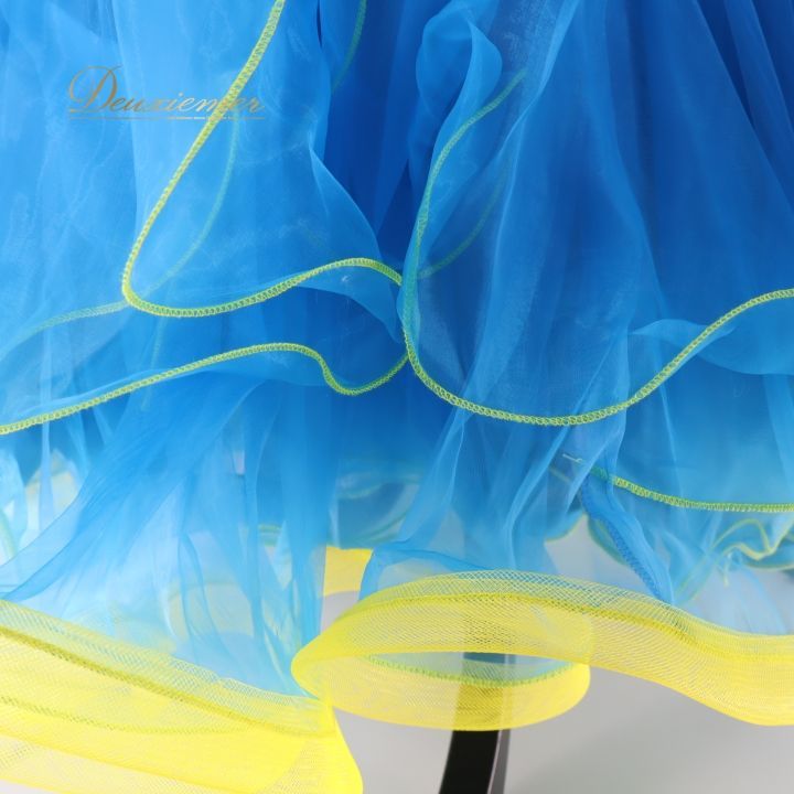 社交ダンス 衣装 ドレス ドレス ワンピース フロート 黄色 青 プリーツ フリル デモ 競技 ダンス パーティ 発表会 ブルー系 イエロー系 Wish plus 鮮やか スカート フェミニン おしゃれ ダンス衣装 パフォーマンス