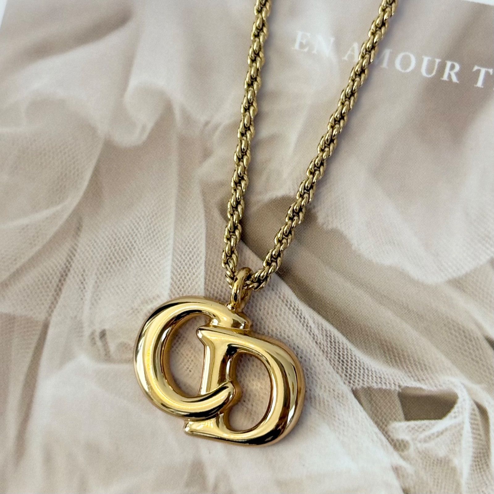 美品 Dior クリスチャンディオール CD ロゴ ストーン ゴールドネックレス Christian Dior クリスチャン・ディオール ヴィンテージ