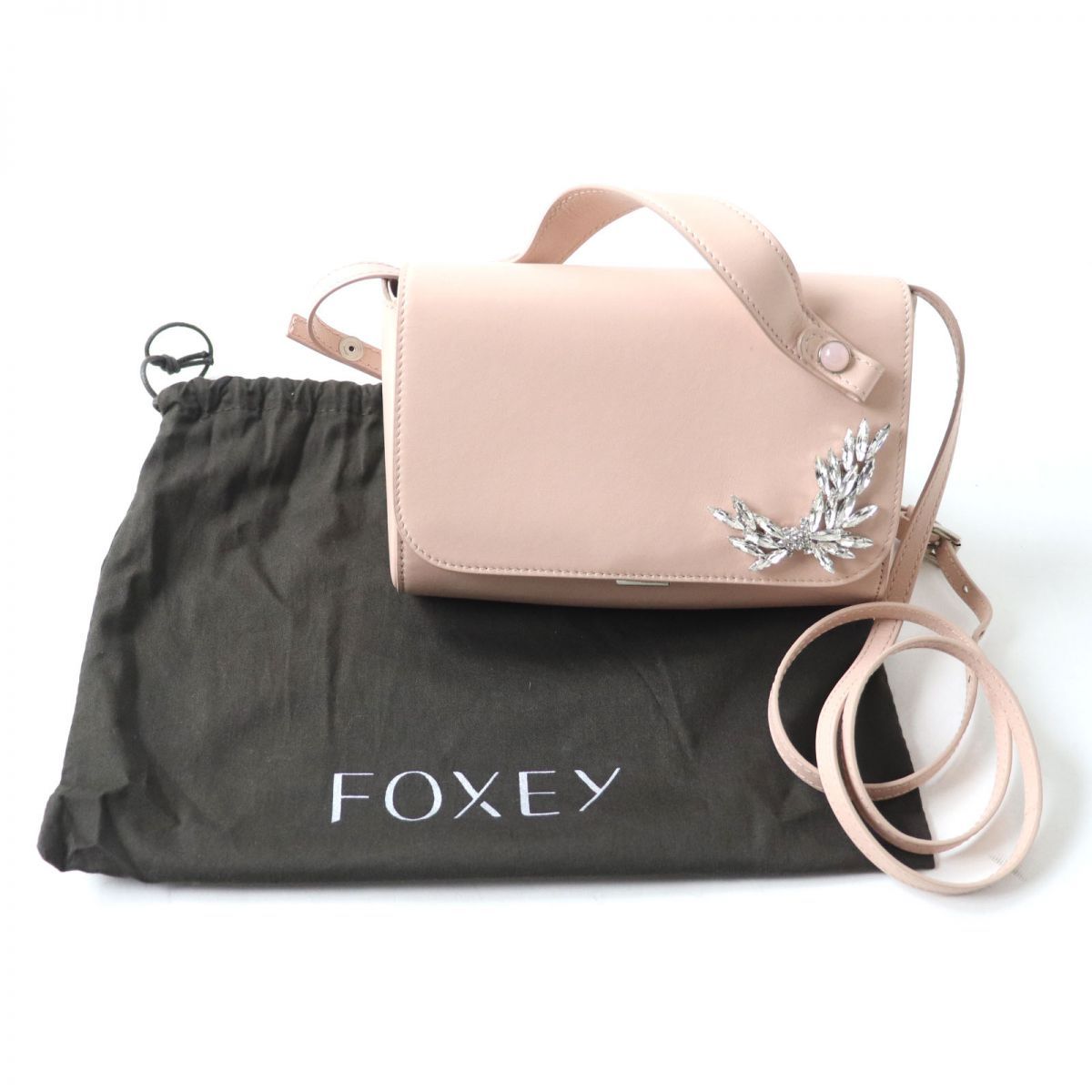 極美品★FOXEY フォクシー 37749 Cecil ビジュー付き 2way レザー ハンドバッグ／ショルダーバッグ レディース ピンク イタリア製  保管袋付