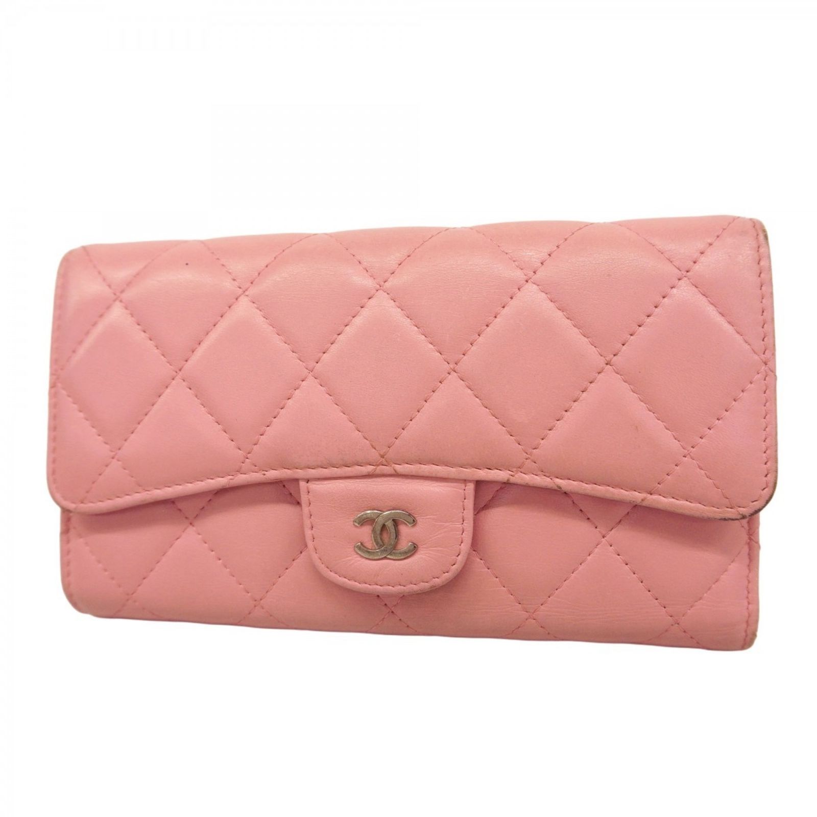 シャネル　マトラッセ　ラムスキン　三つ折り長財布　チェーンウォレット　ピンク シャネルマトラッセラムスキン三つ折り長財布チェーンウォレットピンク