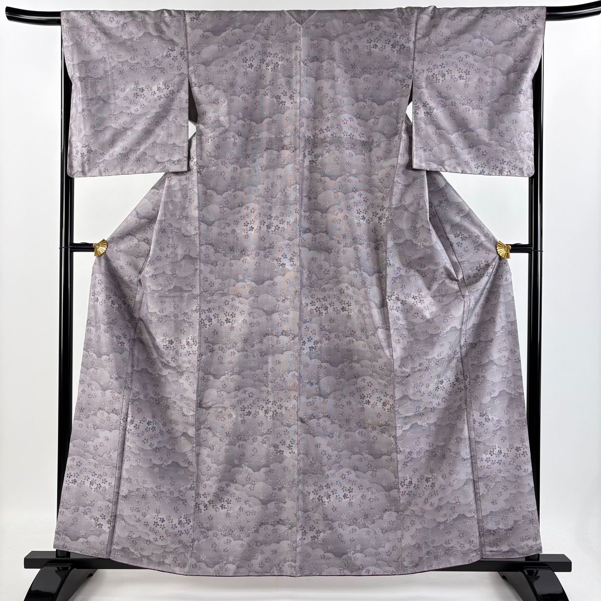 大島紬 身丈161.5cm 裄丈67cm M 袷 都喜ヱ門 やまと 証紙 雲文 花 灰紫  