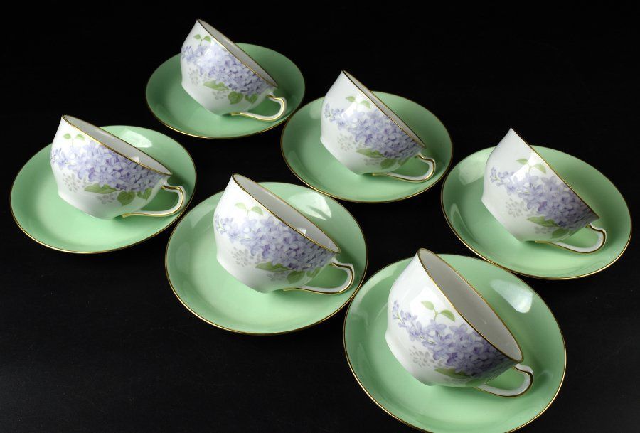 蔵A2826a 大倉陶園 ティーカップ＆ソーサー 金縁 ライラックにライムグリーン ６客