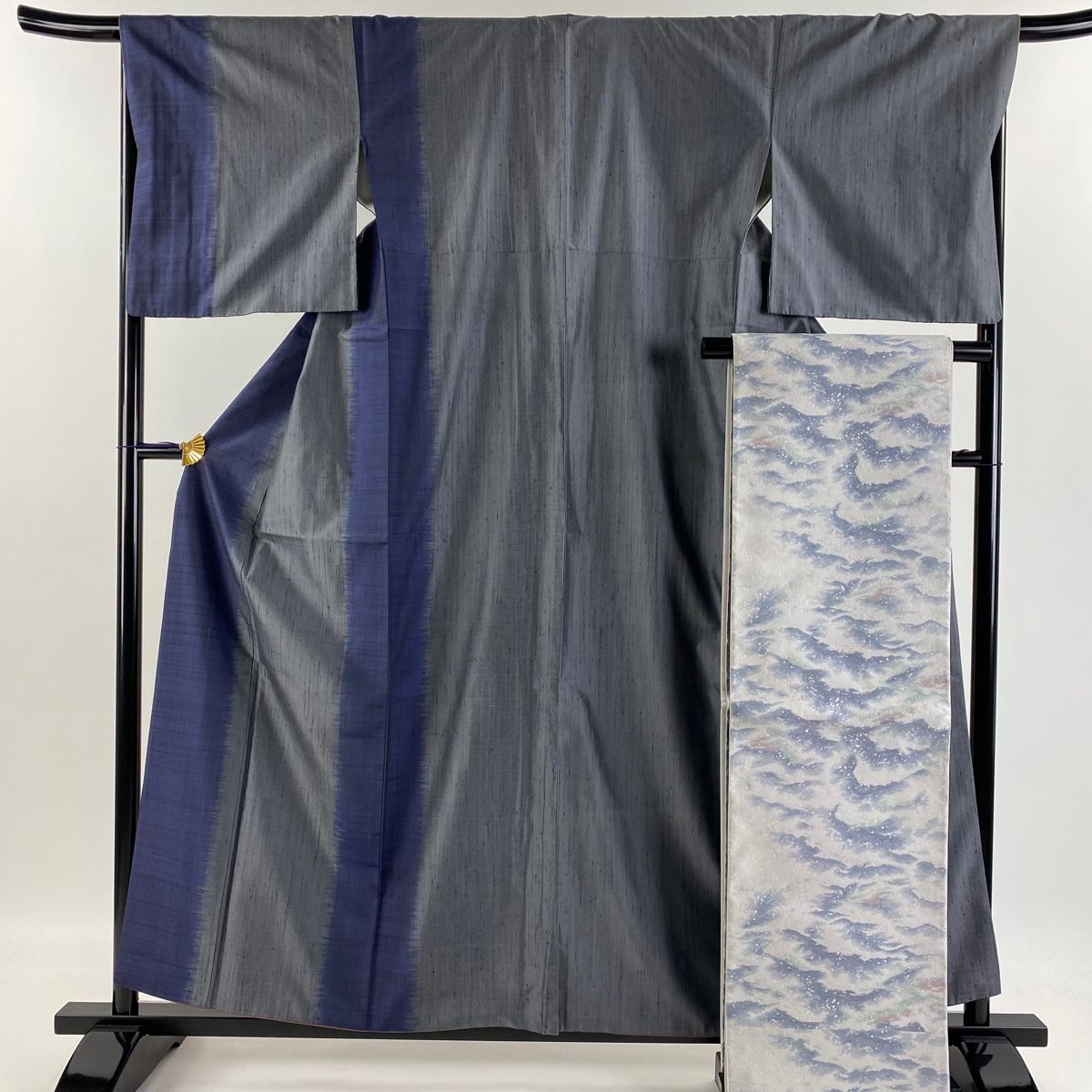 付下げ 身丈157.5cm 裄丈68cm L 袷 袋帯セット 紬地 幾何学模様 灰色 正絹 秀品 【】