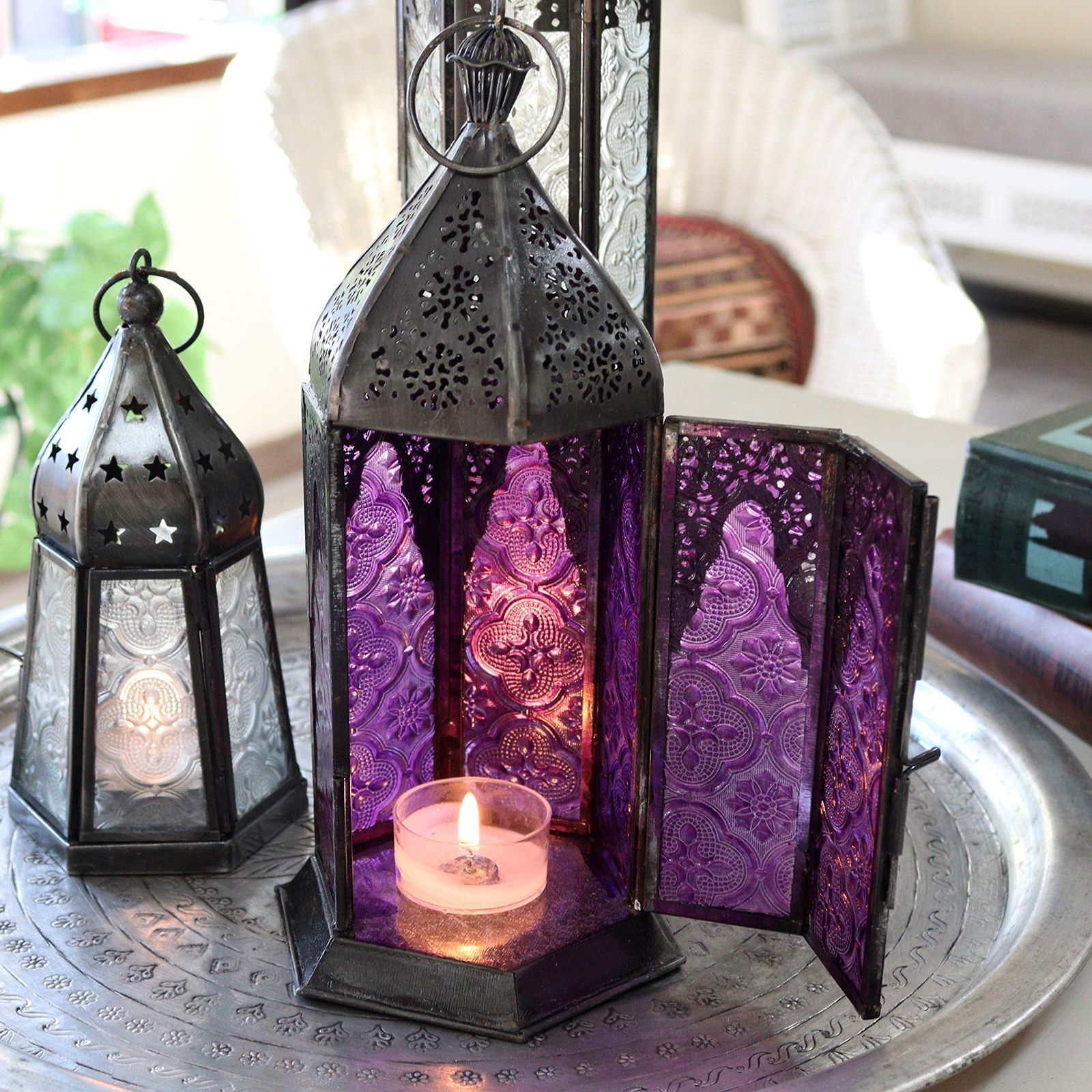 新品 holder Candle (パープル) Lantern Morocco オリエンタルランプ6面のレリーフガラス 高さ24cm モロッコランタン・ キャンドルホルダー メルカリ