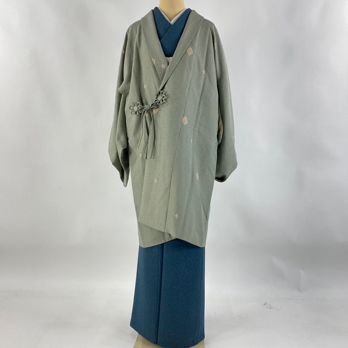 道中着 身丈98cm 裄丈65cm M 和装コート 菱 地紋 絞り 灰緑 正絹