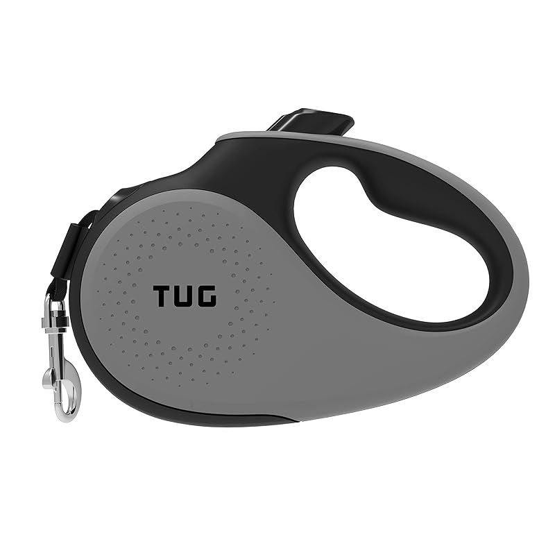 TUG 360°絡まない格納式犬用リード 最大50kgの犬に対応 | 5m 強力ナイロンテープ|リボン | 片手ブレーキ|一時停止|ロック Lサイズ グレー