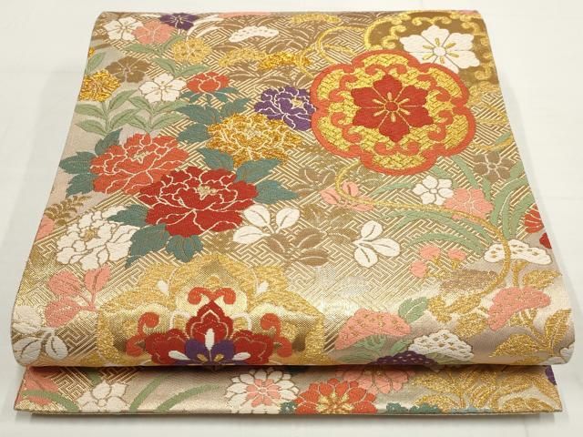 平和屋着物▽佐賀錦 六通柄袋帯 唐織 草花文 金糸 正絹 逸品