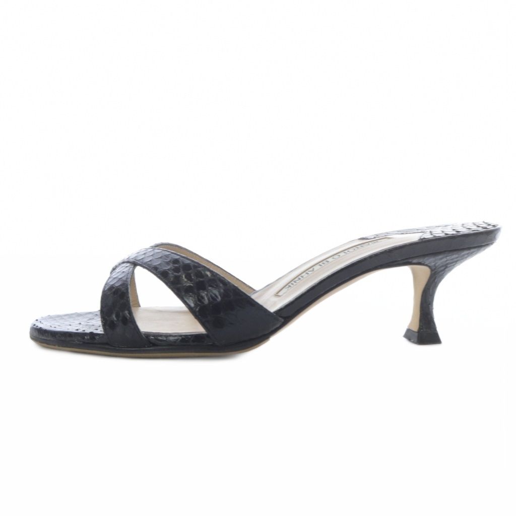 マノロブラニク MANOLO BLAHNIK Callamu 50 サンダル ミュール パイソン柄 ハイヒール レザー 37 ブラック YO19