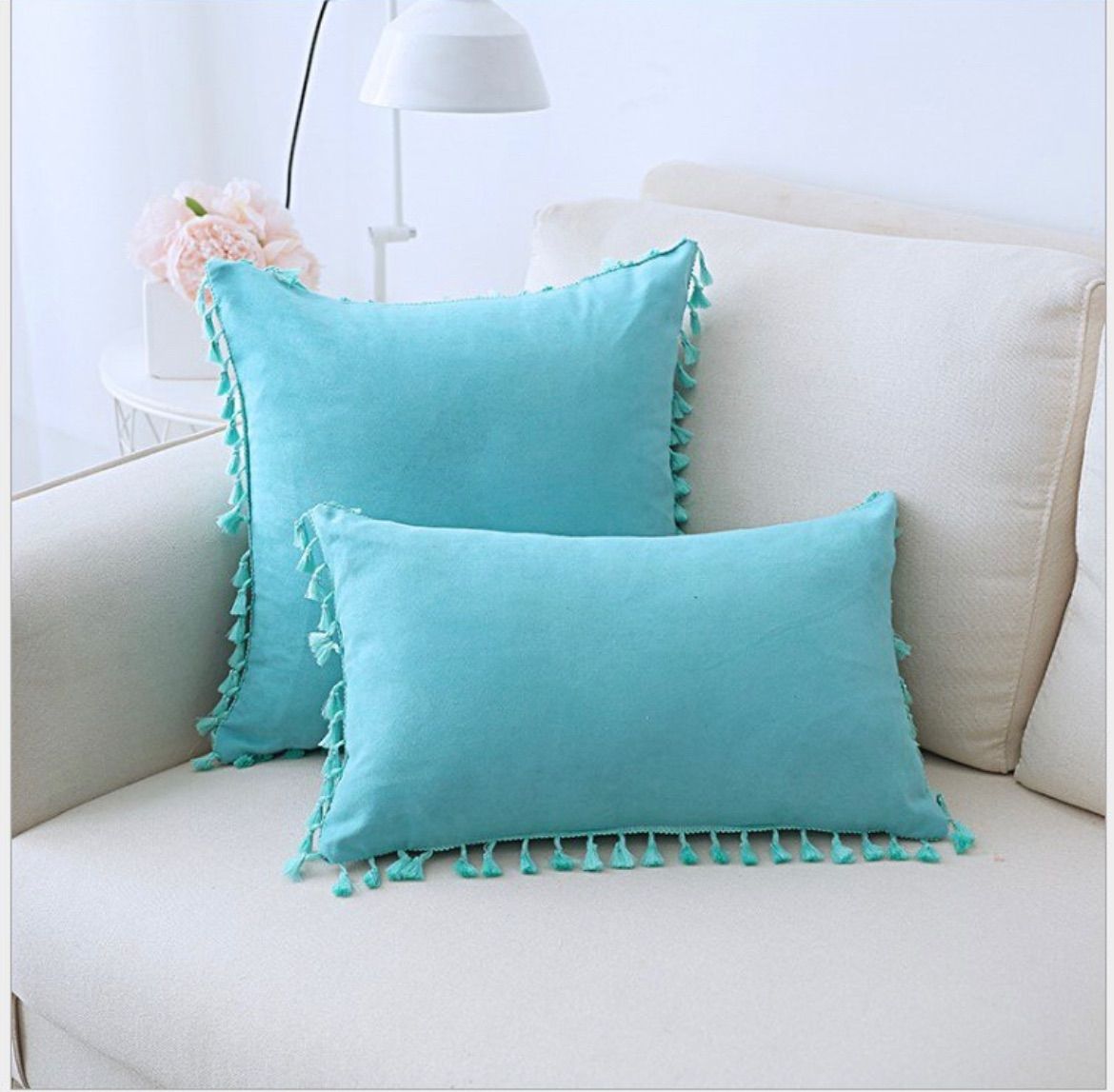カラー　クッションカバー　フリンジ付き　ティファニーブルー　正方形２枚組　無地　インテリア　シノワズリ　春　パステルカラー
