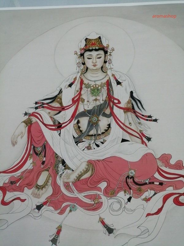 水墨画　掛け軸　観世音大士像 謝陽画　観音　中国　張大千大風堂　カラー　箱付 水墨画 掛け軸 観世音大士像 謝陽画 観音 中国 張大千大風堂 カラー 箱