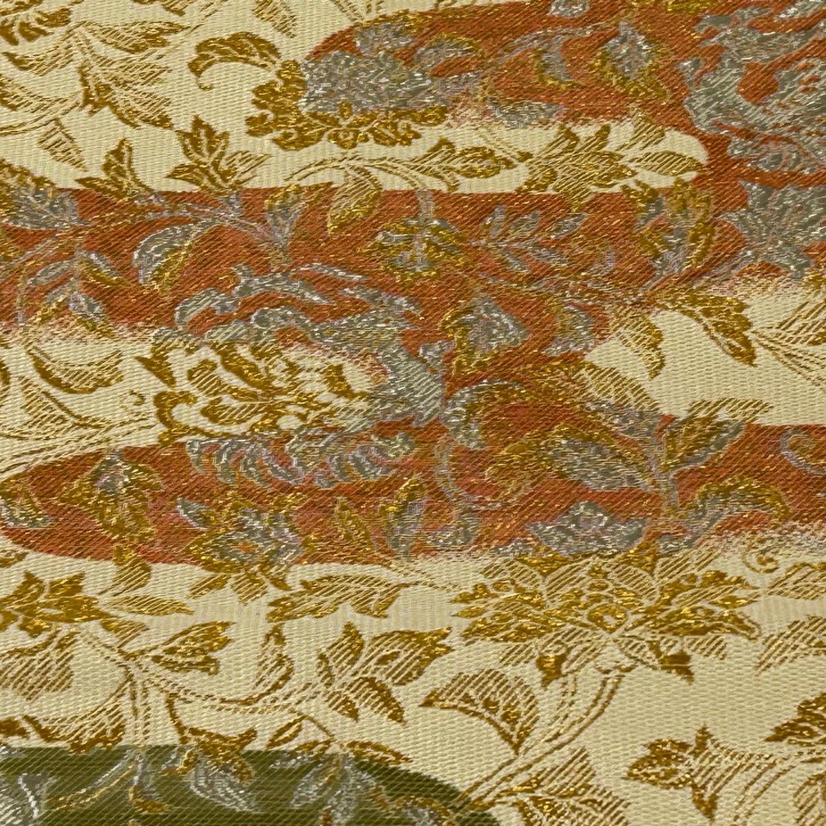 袋帯 変わり織 全通柄 黄茶 緑 薄紫 ピンク 多彩 段霞 中古 kp1724 袋帯 変わり織 全通柄 黄茶 緑 薄紫 ピンク 多彩 段霞 中古