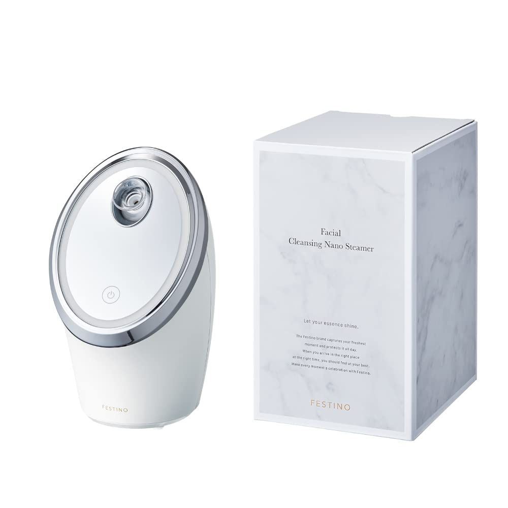 FESTINO(フェスティノ) フェイシャル クレンジング ナノスチーマー (SMHB-033)【保湿ケア＆うるおいケア】 スパイラル噴射 抗菌タンク搭載 シンプル操作 ガラスミラー＆ライト付き 美顔器 (ホワイト) [ホワイト]