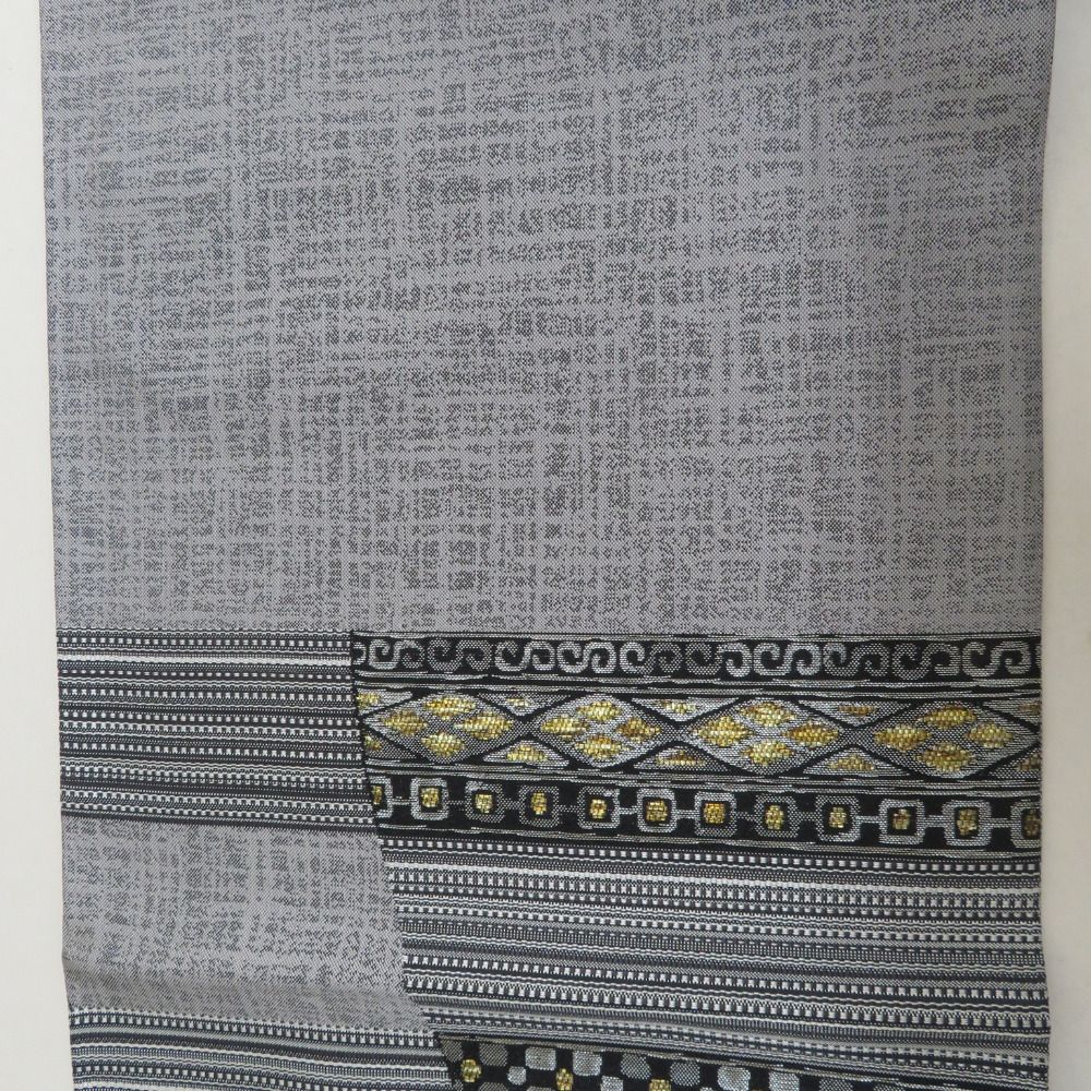 袋帯 洒落袋帯 エスニック調 幾何学模様 六通柄 ゴールドxブラックx