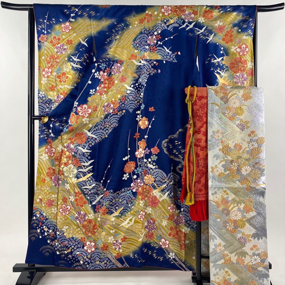 振袖 身丈157cm 裄丈64.5cm M 袷 袋帯フルセット 梅 鶴 金糸 金銀彩 紺色 正絹 秀品