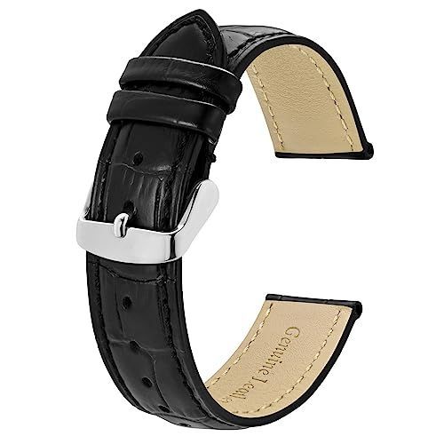 20mm_ブラック/銀色尾錠 [BISONSTRAP] レザー時計バンド 20mm 本革腕時計ベルト クロコ型押し替えべるとブラック