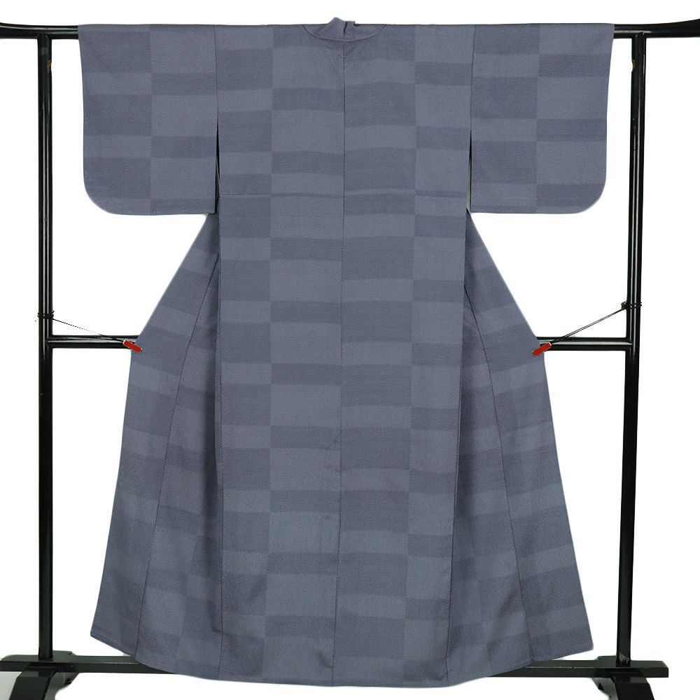 本塩沢 単衣 塩沢絣 正絹 中古 着物 リサイクル 新古品 青 100亀甲