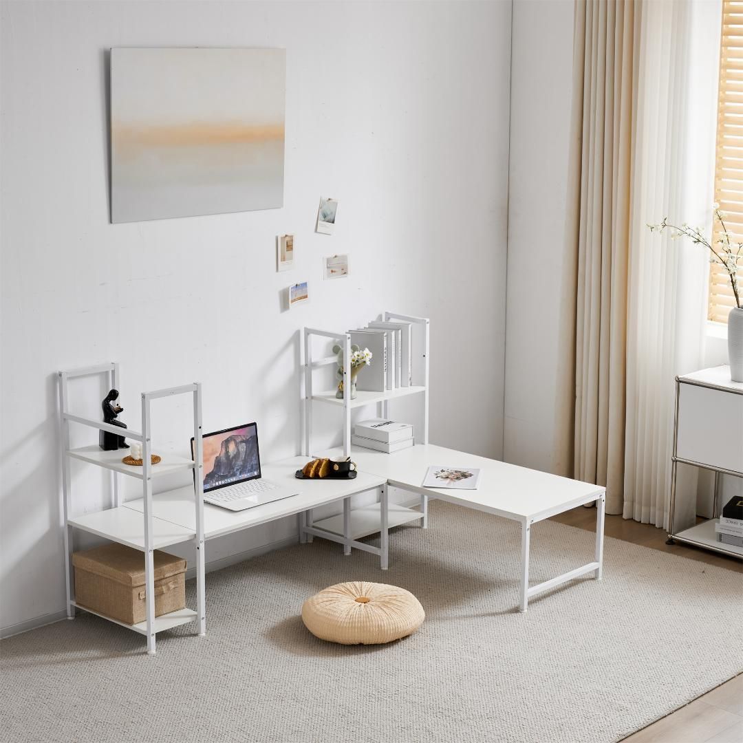 【ホワイト】H型PCデスク ロータイプ一体型ラック付きデスクワークデス木製 ホワイト】H型PCデスク ロータイプ一体型ラック付きデスクワークデス