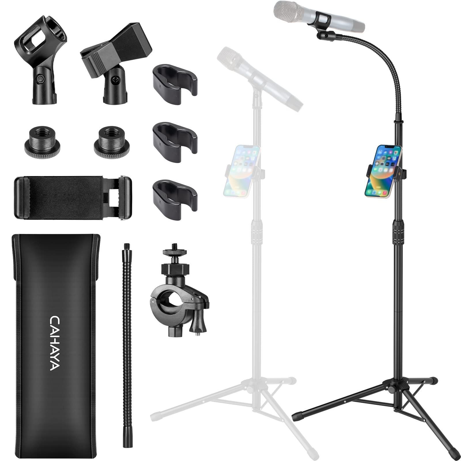 CAHAYA 最新2Way仕様 携帯電話ホルダー付き グースネック マイクスタンド ストレート 83-187cm高さ調整 1×グースネックアーム付き 1×携帯電話ホルダー付き 2×マイククリップ付き 3×ケーブルカバー付き 1×収納バッグ付き 日本語取付説明