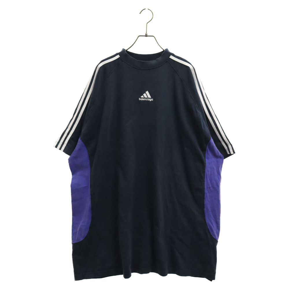 BALENCIAGA (バレンシアガ) ×adidas ユーズド加工オーバーサイズロゴ刺繍半袖Tシャツ ネイビー 724554 TNVA6
