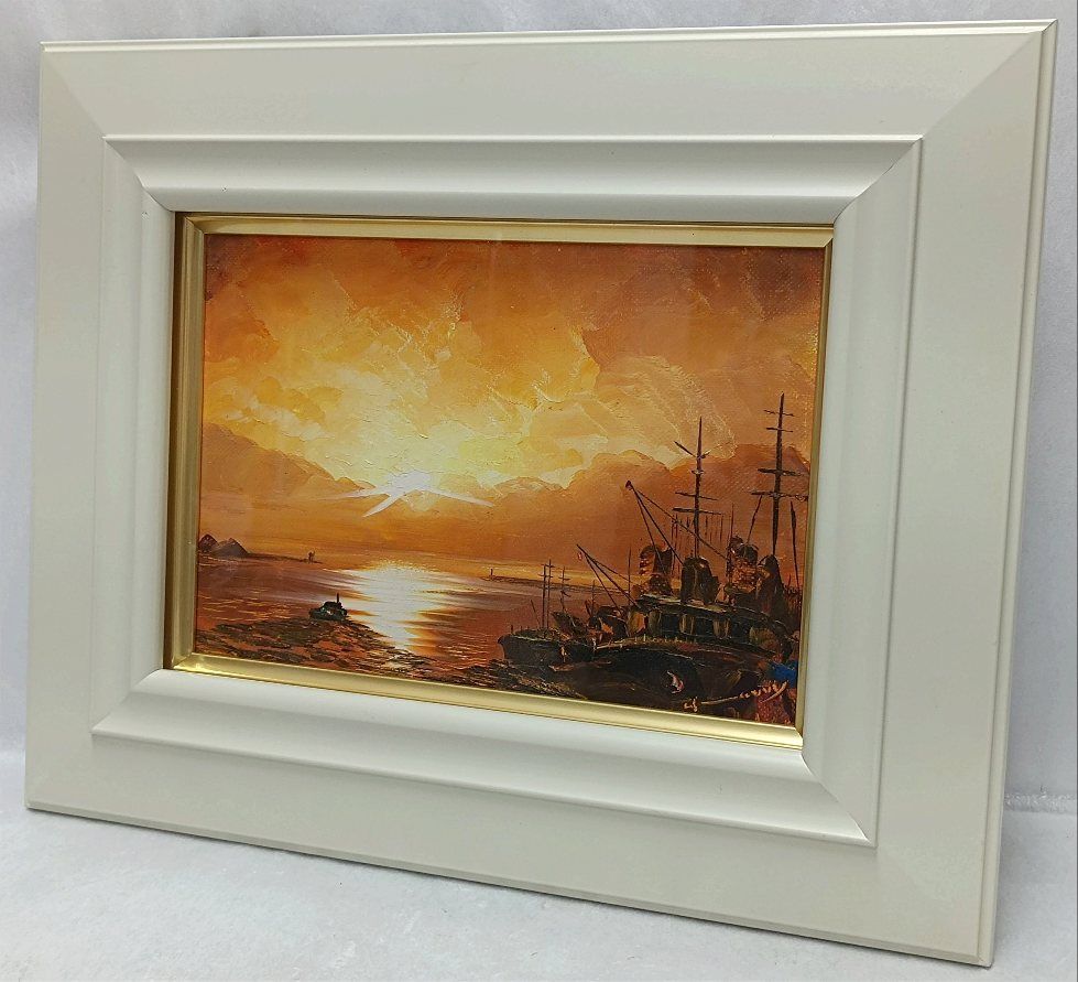 額装／ニチガク　油絵　直筆「夕暮れの漁港」サインあり 額装／ニチガク 油絵 直筆「夕暮れの漁港」サインあり - メルカリ