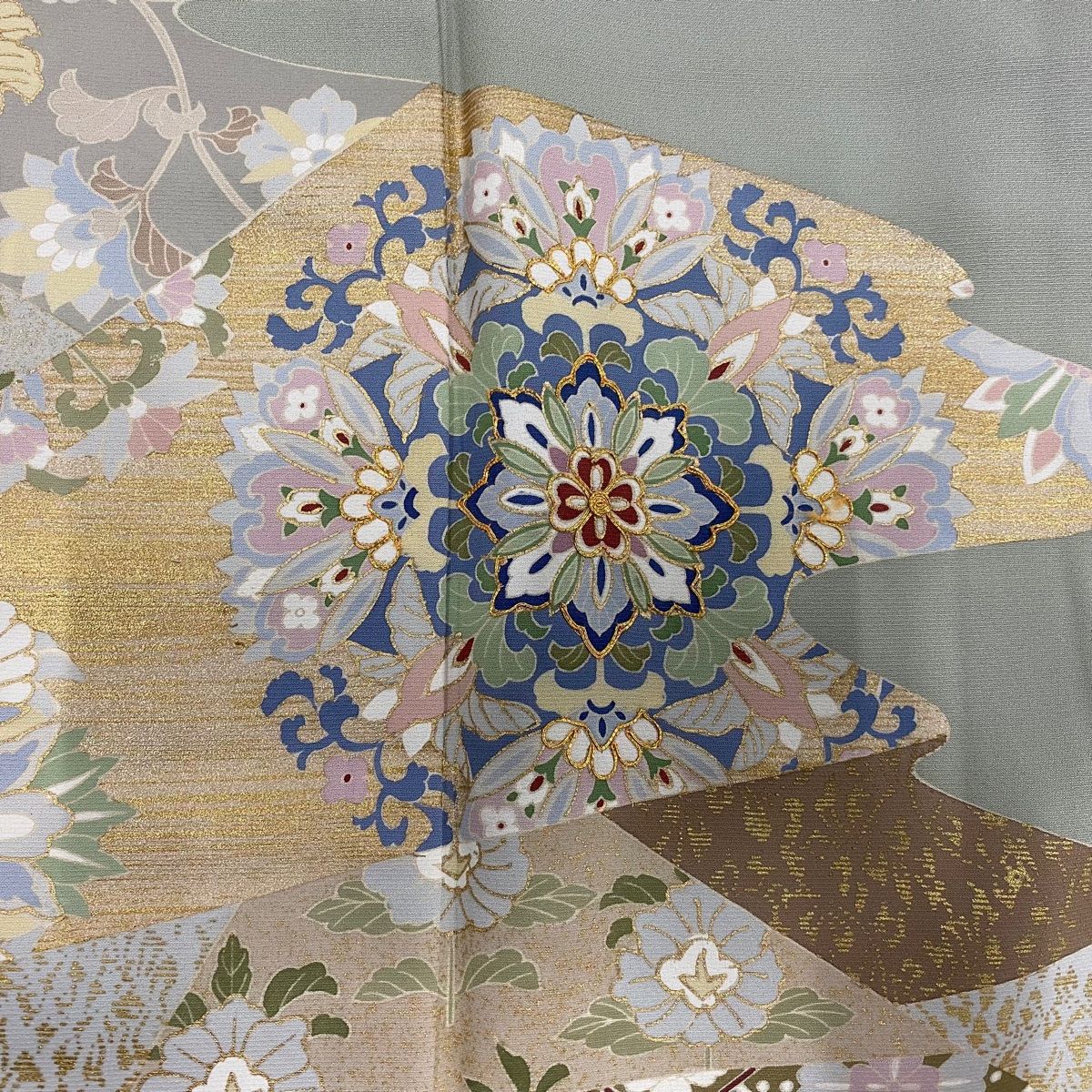 しっかりした 訪問着 身丈162.5cm 裄丈67cm M 袷 華文 霞 金糸 金彩 灰緑 正絹 秀品