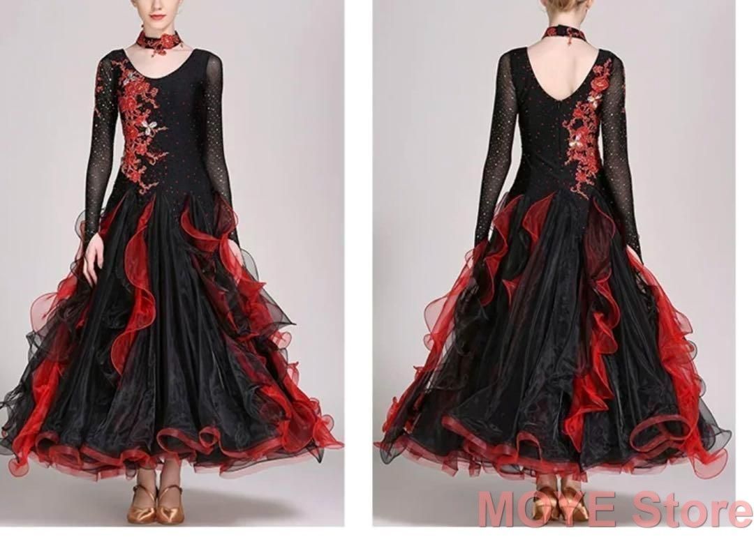 社交ダンス 大きい裾 赤黒　豪華競技着 スタンダードドレス モダンドレス 新品・未使用社交ダンス 大きい裾 赤黒 豪華競技着 スタンダードドレス