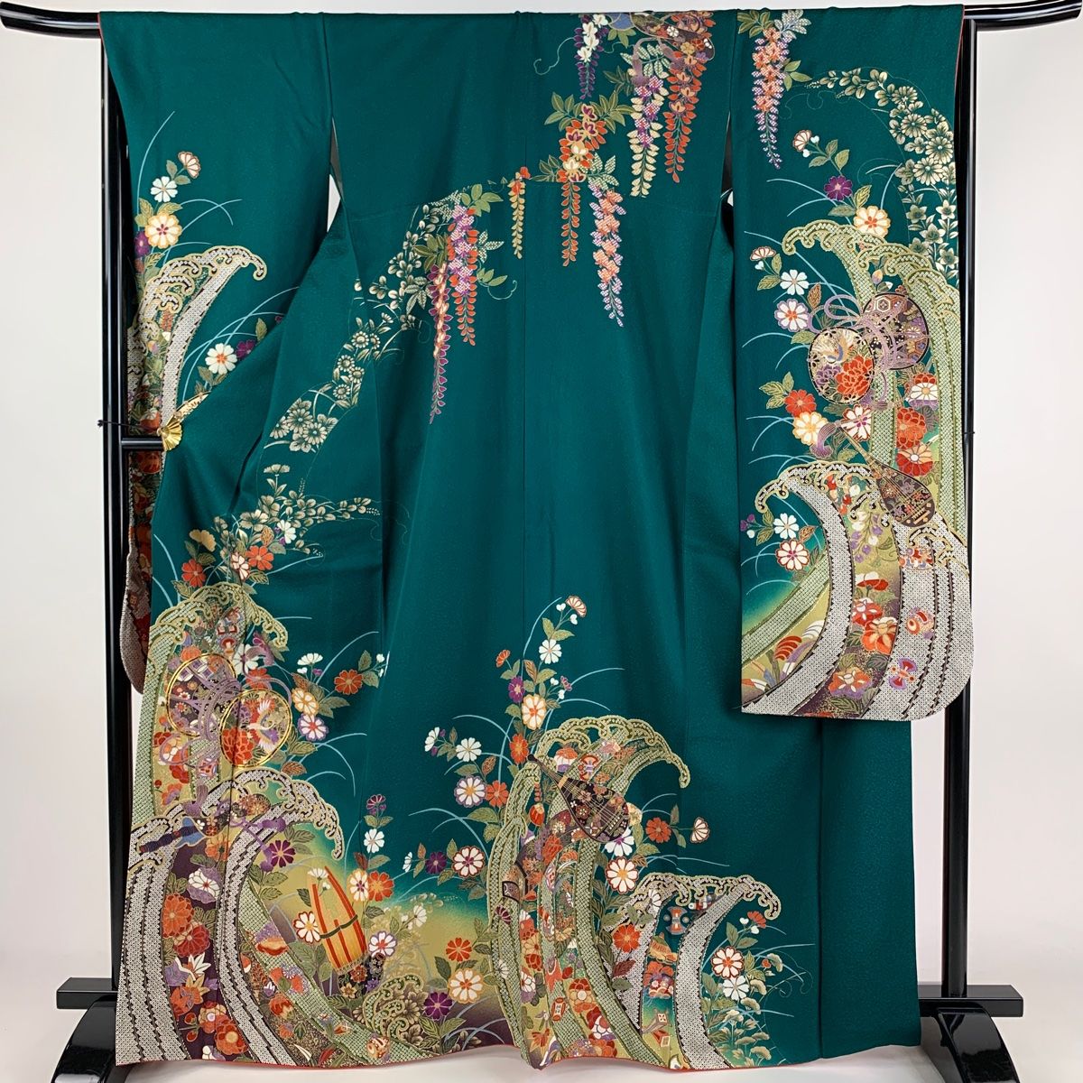 振袖 身丈166.5cm 裄丈66.5cm M 袷 和楽器 波頭 金糸 金彩 緑 正絹 秀品