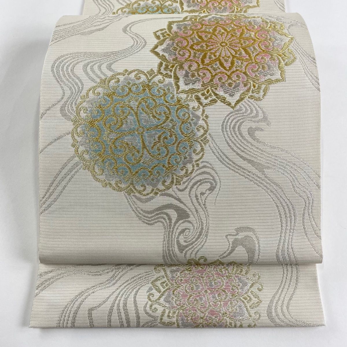 袋帯 美品 名品 川島織物 落款 夏帯 絽 華文 流水 金銀糸 クリーム 六 