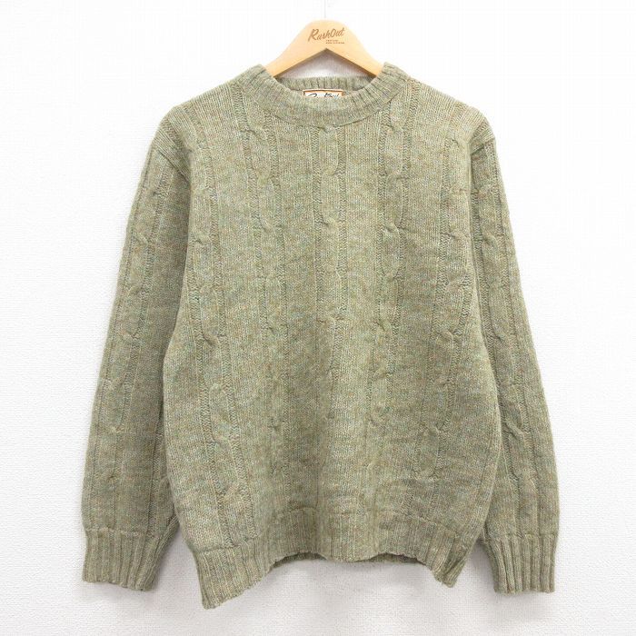 S/古着 長袖 ケーブル セーター メンズ 70s シェットランドウール クルーネック 緑 グリーン 24sep28 中古 ニット トップス