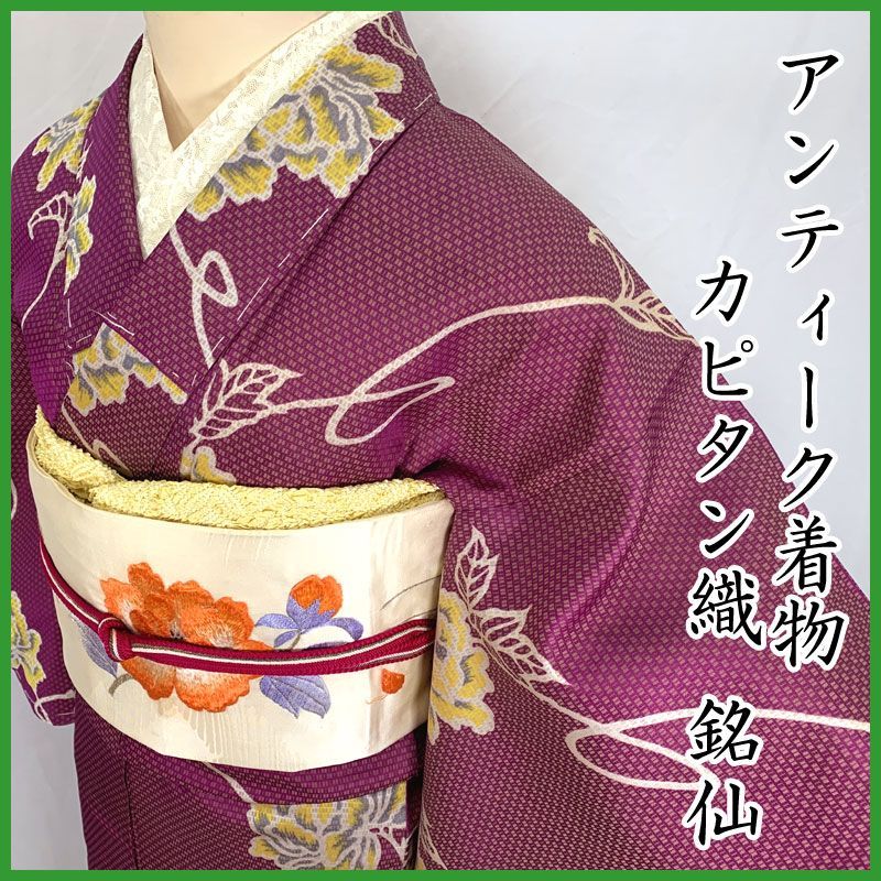 503aa18◇アンティーク着物 カピタン織 銘仙 薔薇 レトロモダン 大正