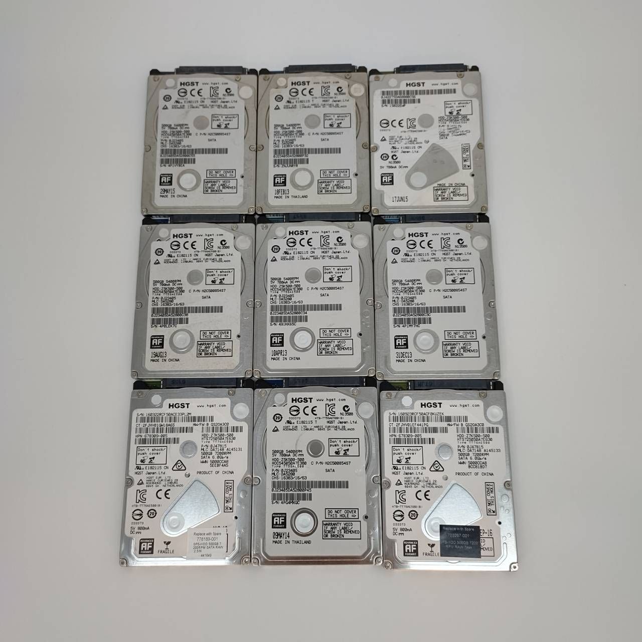 HGST 2.5インチ HDD （500GB × 9本） SATA 7mm厚 中古 データ消去済