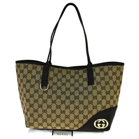 【中古】 超美品 グッチ GUCCI トートバッグ ショルダー GG柄 インターロッキング ブラウン キャンバス レザー 保存袋付き 86BM964