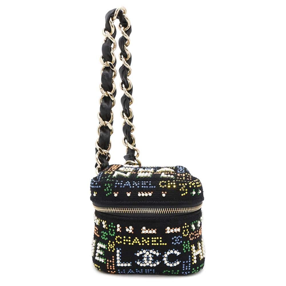 シャネル ハンドバッグ バニティ ココマーク ツイード ラインストーン フェイクパール CHANEL 黒