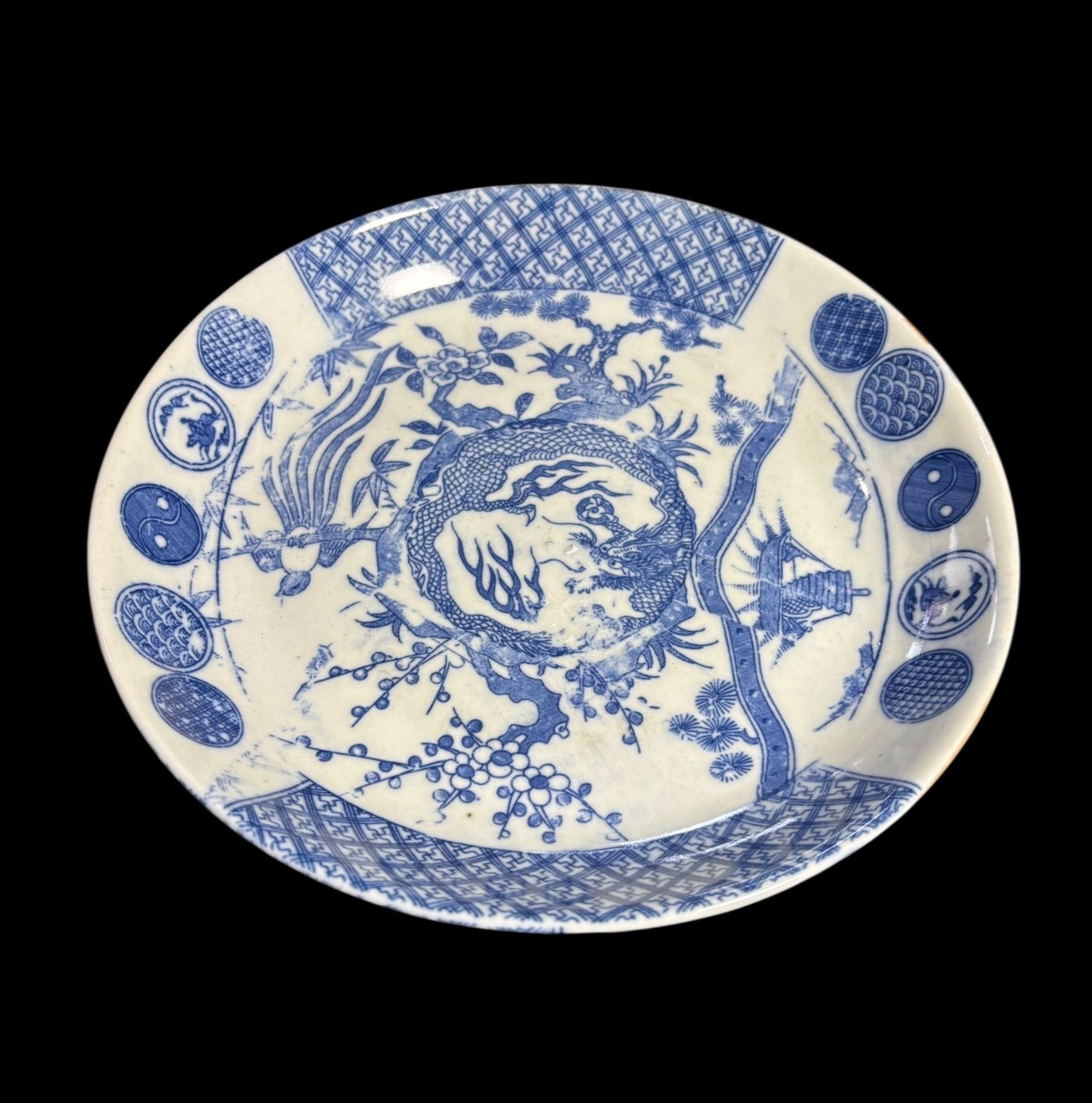 古伊万里 印判皿 鳳凰龍松竹梅風景図 染付 明治 平皿 丸皿 盛り
