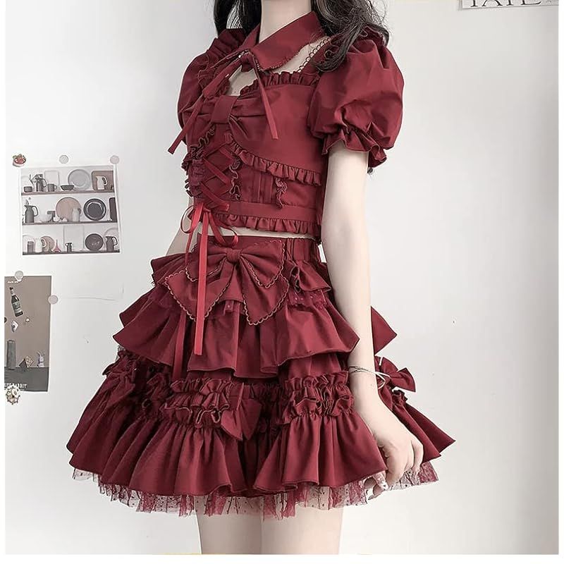 尚基製造 ロリータ 服 ゴスロリ トップス スカート ウェイトレス コスプレ 衣装 フリル ロリータ コスチュームセット 清楚 可憐 萌え レディース ドレス 喫茶店 遊園地 半袖 レッド M 0 WWW_TRAVELLANDINDIA_COM