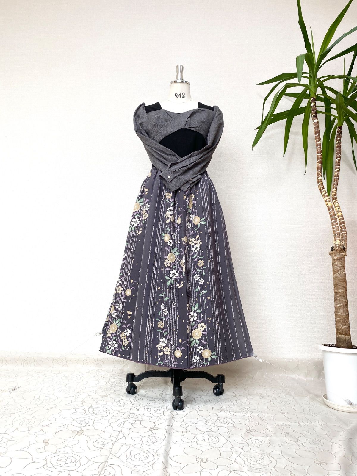 大人 着物スカートフリーサイズ着物リメイクウエストゴムロングスカートフリーサイズ