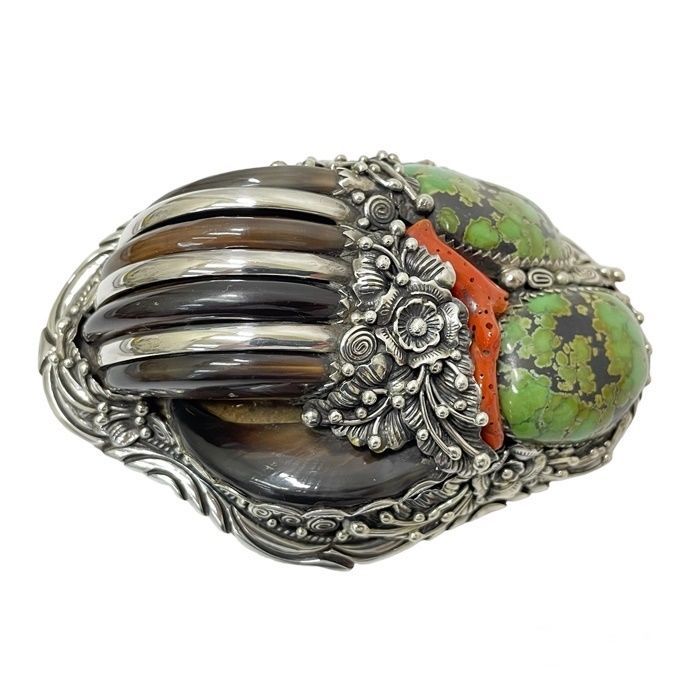 ベルトバックル ベアクロー サンゴ グリーンターコイズ 925 ナバホ族