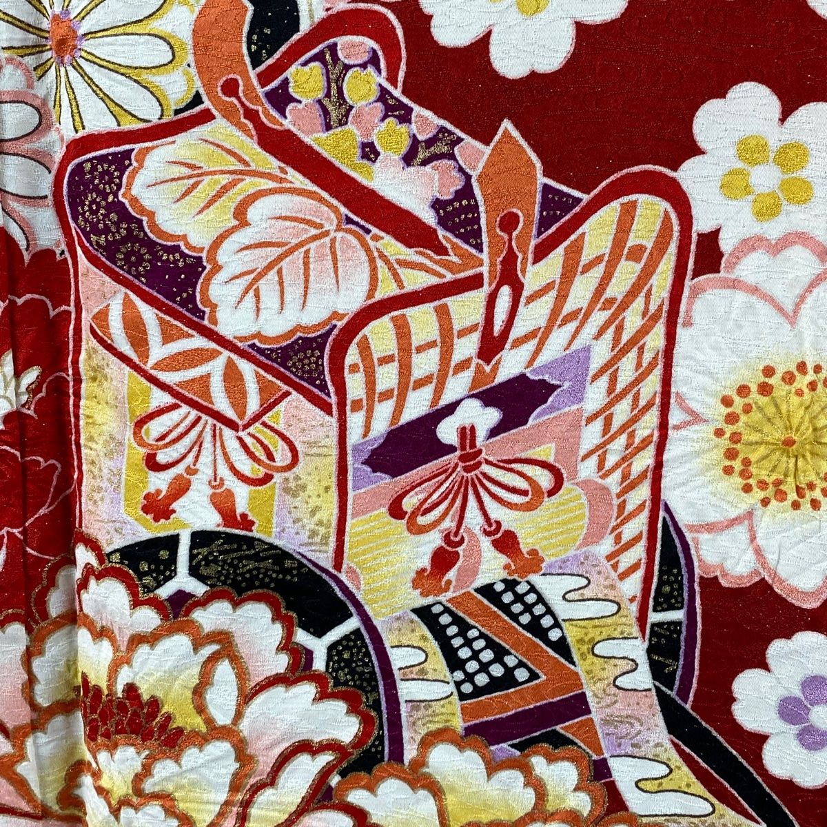 振袖 身丈167cm 裄丈69.5cm L 袷 御所車 草花 銀通し 金彩 赤 正絹 美  