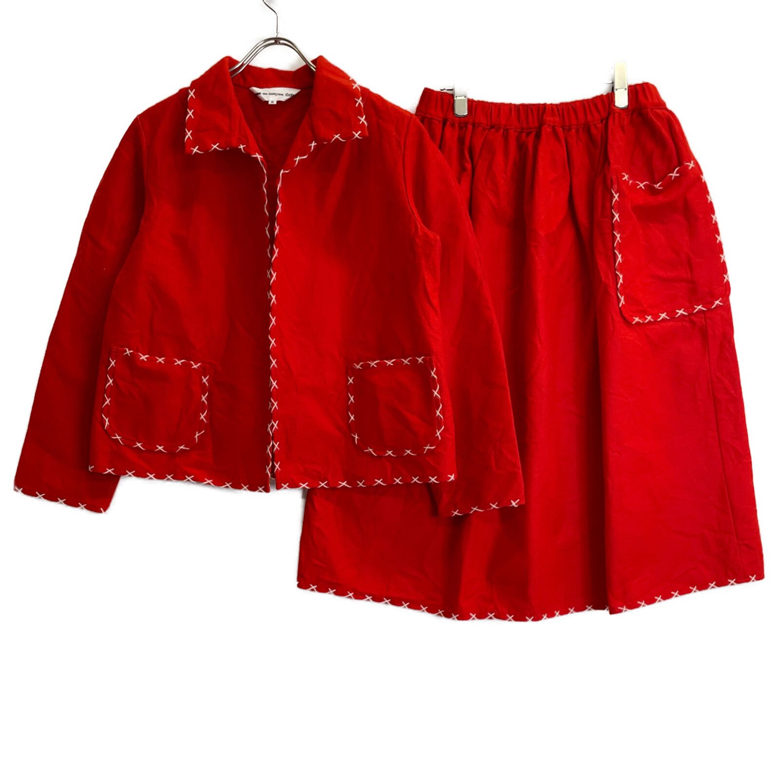 COMMEdesGARCONS GIRL コムデギャルソンガール NH-J001 NH-S001 21AW レッド クロスステッチ 製品洗いジャケット スカート セットアップ S