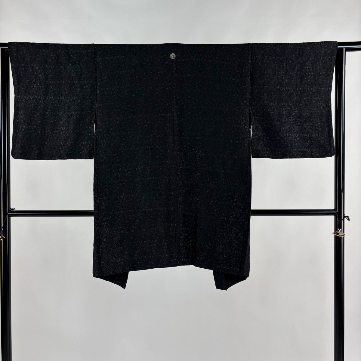 羽織 身丈88cm 裄丈63cm S 唐草 銀通し 箔 黒 正絹 名品 一つ紋