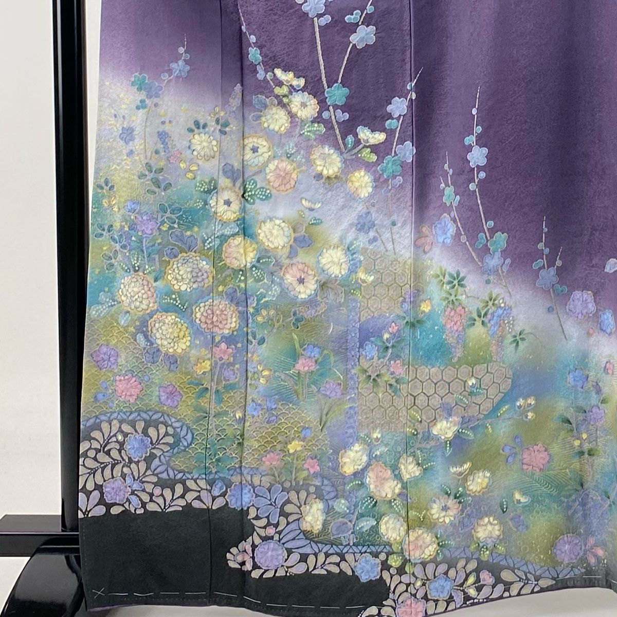 訪問着 身丈164.5cm 裄丈65.5cm M 袷 辻が花柄 青海波 金彩 ぼかし 紫 正絹 名品