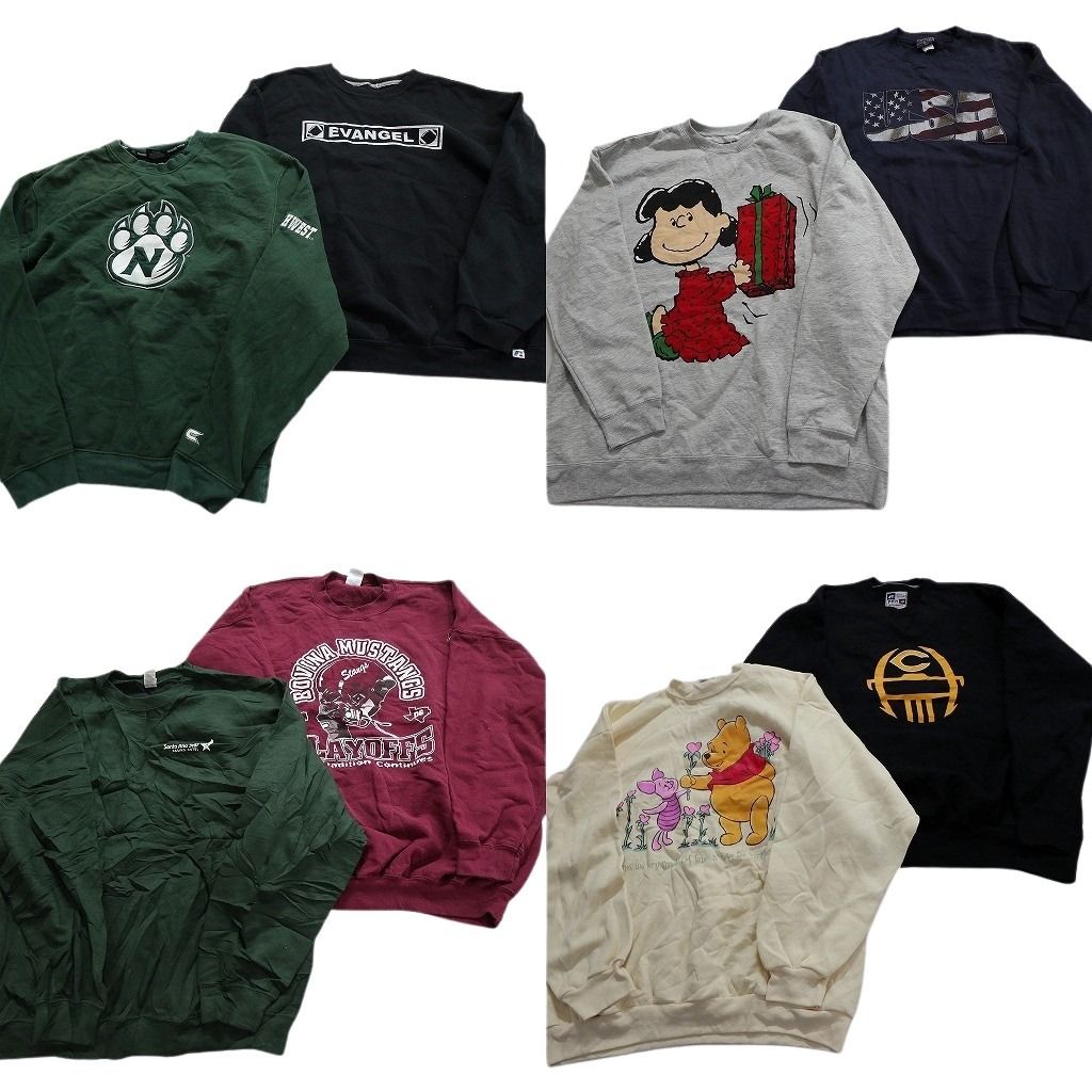 古着卸 まとめ売り カラー スウェット 8枚セット (メンズ 2XL ) プーさん ディズニーキャラクター ブラック スヌーピー ラッセル MX0072